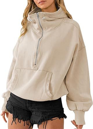 TBA High Neck Hoodies for Women Oversized Half Zip Drawstring Y2K Pullover Sweater Casual Long Sleeve Sweatshirt with Pockets Zip Up Hoodie Women, Y2k Zip Up Hoodie, Hood Style, Zipper Shirt, Winter Y2k, Straight Clothes, Hoodie Women, Style Upgrade, Long Sleeves Jacket