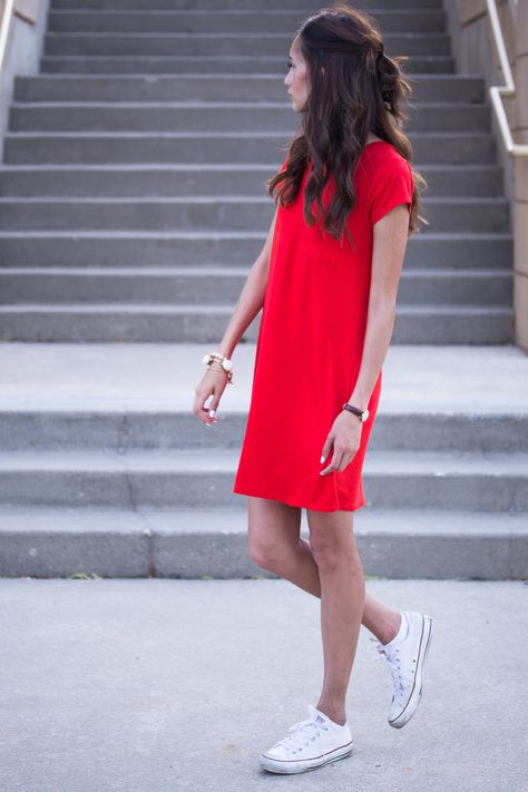 Red Tshirt Dress, white converse, summer college outfit 2016 | Pressing Flowers Blog Red Tshirt Outfit, Converse Summer, Summer Dress Outfits Casual, Casual Tshirt Outfit, Pressing Flowers, Tshirt Dress Outfit, Red Shift Dress, College Outfits Summer, Spring Outfits Dresses