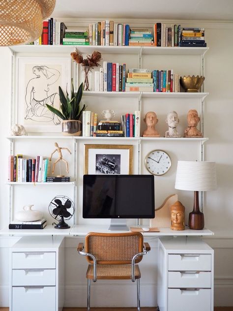 Desk And Shelves Ideas, Desk With Open Shelves Above, Book Shelf And Desk Ideas, Shelves Above Computer Desk, Wall Shelf With Desk, Hanging Shelves Above Desk, Floating Bookshelves Above Desk, Desk Bookshelf Combo Bedroom, Over The Desk Shelves