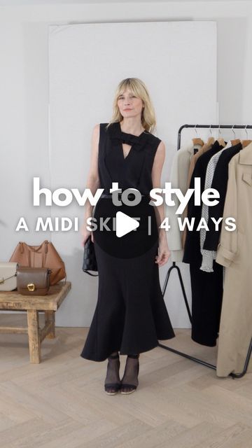 Jessica Seaman on Instagram: "How to style a midi skirt this Spring 2024, with 4 simple outfit ideas👌🏻Which is your favourite look? . . From everyday style with a classic trench coat to something a little more statement (and yes, ridiculously high heels 🫣) for the evening, hopefully it gives you a few outfits to recreate:) . . #howtostyle #howtostylevideo #howtostyleit #midiskirt #midiskirts #skirtoutfit #effortlessstyle #effortlessoutfit #elegantoutfits #everydayoutfits #stylingreel #over40style #timelessfashion" Midi Skirt And Coat Outfit, Trench Coat And Skirt Outfit, Style A Midi Skirt, Simple Outfit Ideas, Effortless Outfit, Classic Trench Coat, Simple Outfit, Coat Outfits, Everyday Outfit