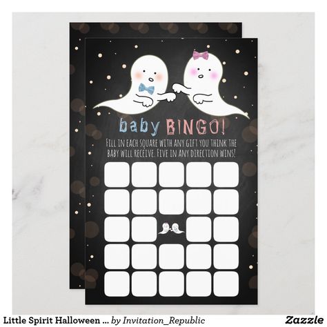 Little Spirit Halloween Gender Reveal Party Bingo Halloween Gender Reveal Party, Halloween Chalkboard, Halloween Gender Reveal, Gender Reveal Games, Baby Bingo, Baby Shower Bingo, Halloween Baby, Blue Baby Shower, Halloween Invitations