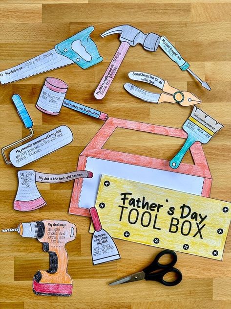 This free printable Father's Day craft template is perfect for making Dad a toolbox filled with tools that say what kids love about their Dad! Kind of like an All about Dad worksheet, except in a fun toolbox form! Grab the free printable tool box craft now, get out the crayons, and have your kids make these fun Father's Day crafts as a keepsake for Dad! Tool Box Template Printable, Fathers Day Toolbox Craft, Father’s Day Tool Box Gift, Tool Templates Free Printable, Fathers Day Crafts Printables, Fathers Day Printables Free For Kids, Fathers Day School Craft, Free Fathers Day Crafts For Kids, Free Printable Father’s Day Craft