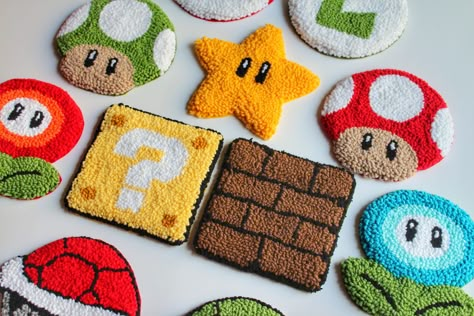 Super Mario Punch Needle Coaster Handmade Mug Rug Tufted - Etsy Punch Needle Kawaii, Niddle Punch, Mario Und Luigi, Punch Needle Coasters, Punch Needle Coaster, Tufting Rug, Tufting Diy, Rug Tufting, Rug Coaster