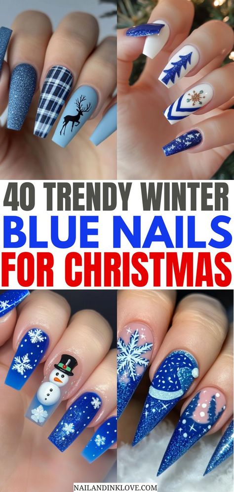 Blue Christmas nails, Christmas gel nails, pretty nail art designs, and snowflake nails for a festive winter look Blue Xmas Nails Designs, Christmas Nail Designs Blue And Silver, Blue And Red Christmas Nails, Blue Christmas Nails Designs, Blue Christmas Nails Almond, Blue Winter Nail Designs Snowflakes, Dark Blue Holiday Nails, Blue Nails With Snowflakes Design, Blue Nails For Christmas