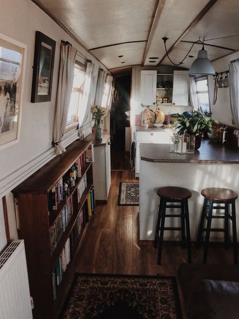 Editors Letter, Canal Boat Interior, School Bus Tiny House, Narrowboat Interiors, Boat House Interior, Boat Interior Design, Houseboat Living, Wohne Im Tiny House, Bus Living