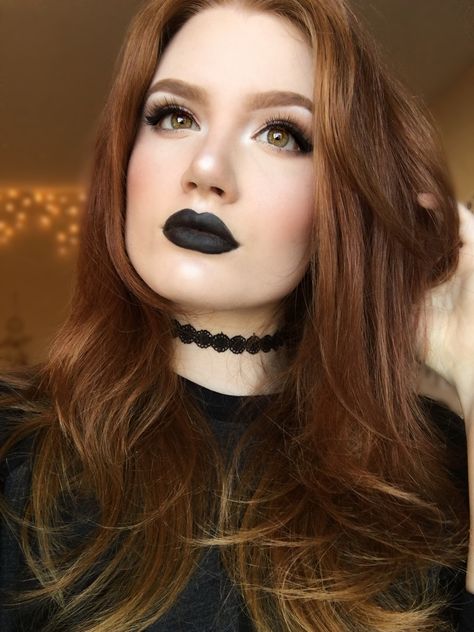 Light bronzey eye + black lip! Used the NYX Alien lip pencil. | from @mua.lydia on Instagram. Red Hair Black Lipstick, Black Lip Makeup Look, Black Lipstick Aesthetic, Red And Black Lips, Black Lipstick Looks, Black Lipstick Look, Black Lipstick Makeup, Soft Eye Makeup, Cute Eyeshadow Looks