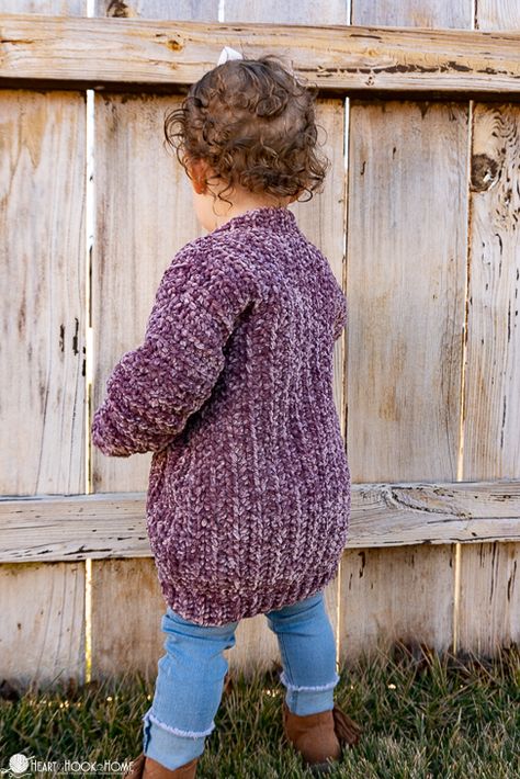 Velvet Cardigan Free Crochet Pattern for Little Kids Velour Crochet, Crochet Toddler Sweater, Crochet Baby Cardigan Free Pattern, Crochet Children, Knit Clothes, Toddler Cardigan, Kids Crochet Pattern, Crochet Baby Sweaters, Velvet Cardigan