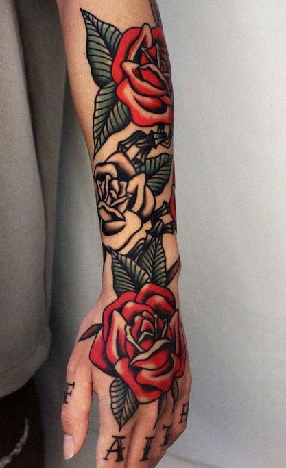 Traditional Hand Tattoo, Rose Hand Tattoo, Rose Tattoo Sleeve, Army Tattoos, Black Rose Tattoos, Red Rose Tattoo, Traditional Tattoo Sleeve, Red Ink Tattoos, Traditional Tattoo Design