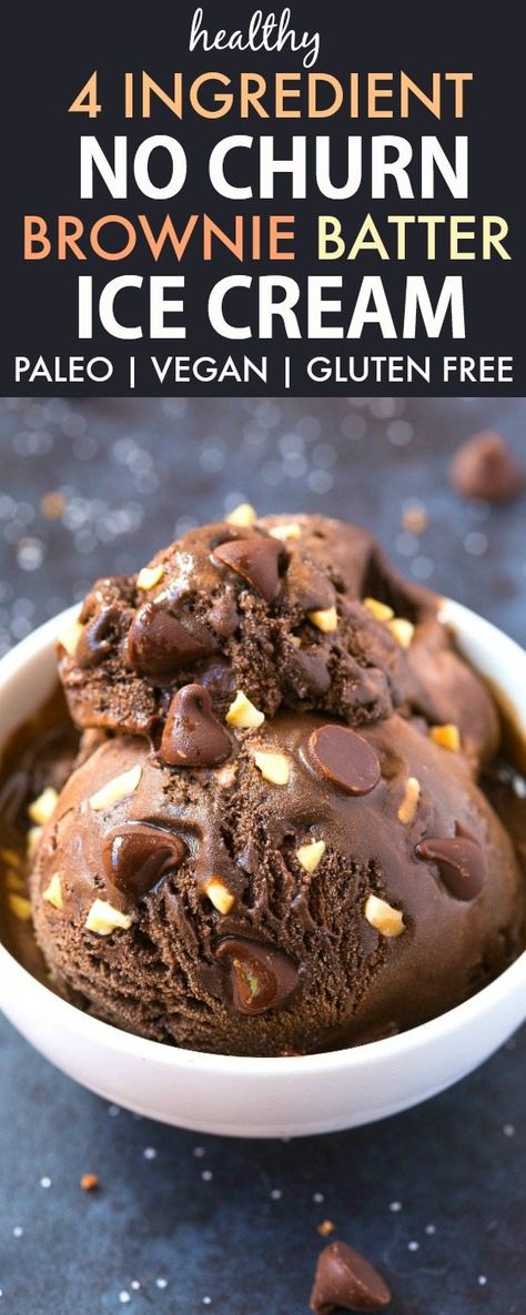 4 Ingredient No Churn Brownie Batter Ice Cream (V, GF, Paleo)- An easy and guilt-free 4 ingredient recipe for thick and creamy brownie batter ice cream! {vegan, gluten free, dairy free, sugar free}- thebigmansworld.com Brownie Batter Ice Cream, Ice Cream Vegan, Healthy Brownie, Paleo Ice Cream, Patisserie Vegan, 4 Ingredient Recipes, Brownie Ice Cream, Dairy Free Ice Cream, Healthy Ice Cream