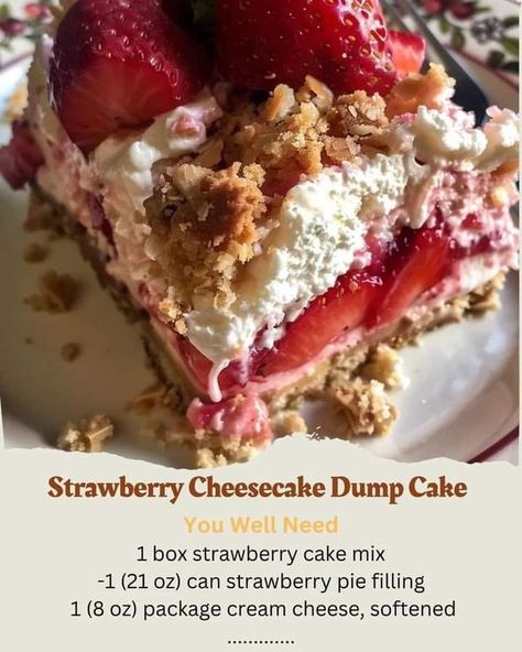 grandma's cooking Recipes | Strawberry Cheesecake Dump Cake - the perfect treat for any occasion | Facebook Cheesecake Dump Cake Recipes, Strawberry Dump Cake Recipes, Box Strawberry Cake, Strawberry Cheesecake Dump, Strawberry Cheesecake Dump Cake, Cheesecake Dump Cake, Strawberry Dump Cake, Canned Strawberries, Recipes Strawberry