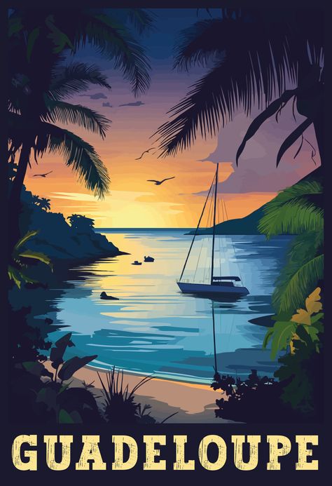 Discover the enchanting landscapes of Guadeloupe with this vintage travel art. Immerse yourself in the pristine beaches, lush rainforests, and vibrant Creole culture of this Caribbean paradise. Let this artwork inspire your next adventure to the picturesque islands of Guadeloupe. 🌴🇬🇵 #Guadeloupe #VintageTravelArt #CaribbeanTravel #IslandGetaway Guadeloupe Aesthetic, Cities Aesthetic, Creole Culture, Caribbean Travel, Island Getaway, Travel Design, City Aesthetic, Vintage Travel, Photo Illustration