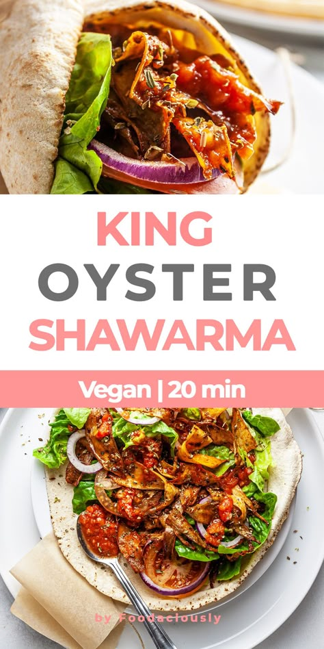 Vegan King Mushroom Recipes, King Mushroom Recipe Vegan, Oyster Mushroom Shawarma, King Oyster Mushrooms Recipes, Vegan King Oyster Mushroom Recipe, King Mushroom Recipe, Vegan Oyster Mushroom Recipes, Veggie Shawarma, Mushroom Shawarma