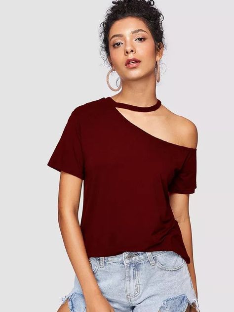 Cut Out Choker One Shoulder Tee -SheIn(Sheinside),  #dress #dresses #womendress Cut Tshirt Diy, Tee Shirts Diy, Cut Up T Shirt, Cut Shirt Designs, Diy Cut Shirts, Cut Tee Shirts, Cut Up Shirts, Diy Choker, Diy Vetement