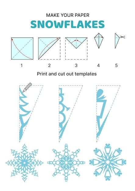 How to make paper snowflake fir tree sno... | Premium Vector #Freepik #vector #cut #illustrations #cartoon-illustration #papercraft Snowflake Cut Out Patterns, How To Cut Out A Snowflake, How To Cut Snowflakes, Paper Snowflake Patterns Templates, How To Make Paper Snowflakes, Paper Snowflakes Pattern, Snowflake Paper Craft, Homemade Snowflakes, Cutout Snowflakes