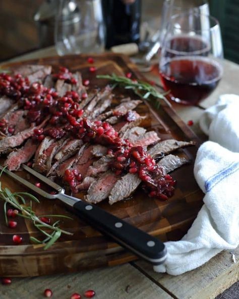 Balsamic Pomegranate Flank Steak Flank Steak Recipe, Ways To Cook Steak, Pomegranate Recipes, Flank Steak Recipes, Steak Recipe, Flank Steak, How To Cook Steak, Cranberry Sauce, Beef Dishes