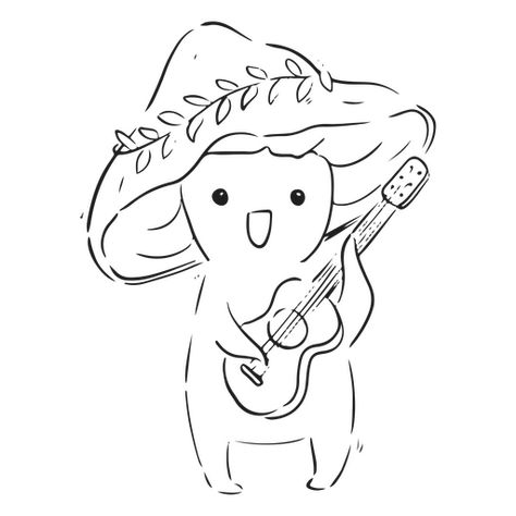 T Shirt Line Art, Mushroom Cute Art, Mushroom Art Simple, Mushroom Person Drawing, Line Art Mushroom, Mushroom Line Drawing, Cute Mushroom Drawing, Guitar Line Art, Mushroom Line Art