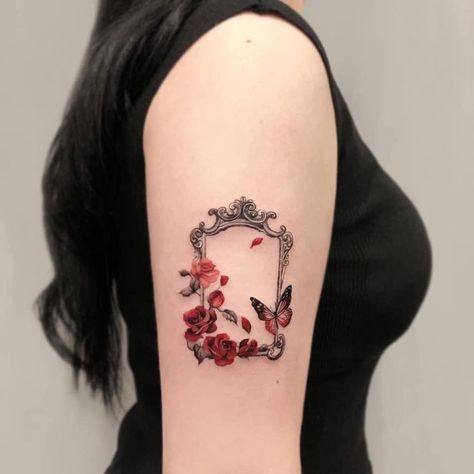 Mirror Tattoo, Mirror Tattoos, Framed Tattoo, Ribbon Tattoos, Tattoos Skull, Roses Red, Tattoo Designs For Men, Rose Tattoo Design, Butterfly Tattoo Designs