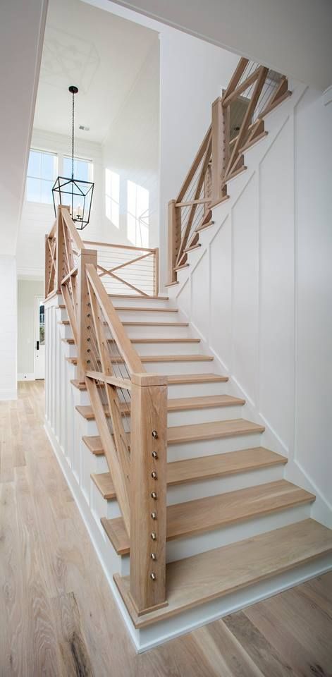 Custom Staircase in Charleston, SC- board and batten, cable railing, modern farmhouse, white oak floors Beachy Staircase, Stairs Railing Ideas, Cable Railing Interior, Custom Staircase, Farmhouse Staircase, Farmhouse Stairs, Stairs Railing, Modern Stair Railing, Stair Ideas