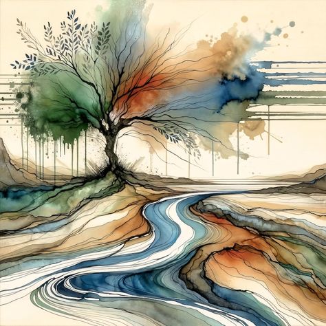 Planted by Streams of Water Download and Print Abstract Watercolor of Psalm 1 - Etsy Watercolor Vines Flowers, Fall Themed Watercolors, Tree With Roots Painting, Tree Of Life Artwork Drawings, River Of Life Drawing, Ink Watercolor Art, Art About Growth, Tree By River, Water Colors Painting