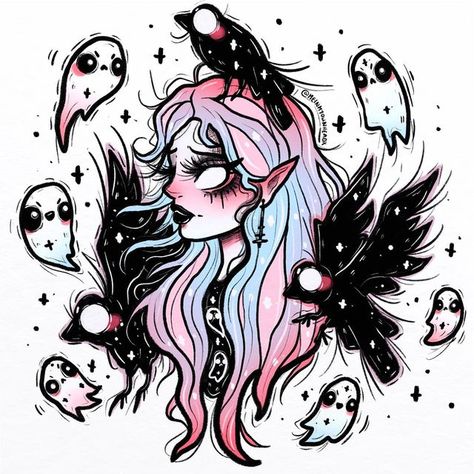 Pastel Goth Art, Anime Goth, Too Much Stuff, Japan Tattoo Design, Raven Art, Gothic Fantasy Art, Witchy Wallpaper, Vibes Art, Goth Art