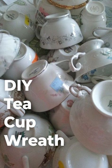 Gather up those old tea cups for a stunning new wreath! #wreaths #diydecor #teacupwreath #recycled #teacupproject Diy Tea Party Decorations Dollar Stores, Plate Wreaths, Tea Cup Projects, Cup Wreath, First Birthday Diy, My First Birthday, Coffee Filter Crafts, Decor Makeover, Pink China