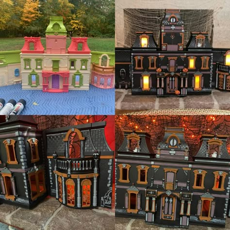 I sprayed painted it all black then with regular craft paint did all the details. Used remote battery candles. Halloween Dollhouse Makeover, Goth Doll House, Haunted Barbie House, Barbie Haunted House, Spooky Doll House, Diy Haunted House Dollhouse, Turn Dollhouse Into Haunted House, Doll House Haunted House, Dollhouse Styles