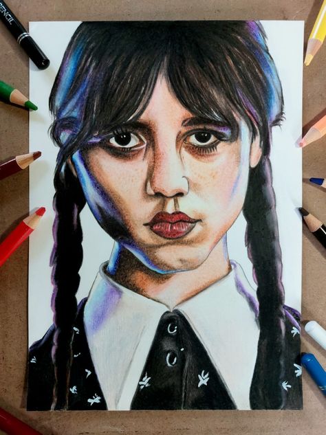 Portrait drawing of Wednesday Addams.Colour Pencil drawing. Drawing Jenna Ortega, Drawing Of Wednesday Addams, Drawing Of Wednesday, Wednesday Addams Drawing, Addams Drawing, Colour Pencil Drawing, Colour Pencil, Wednesday Addams, Jenna Ortega