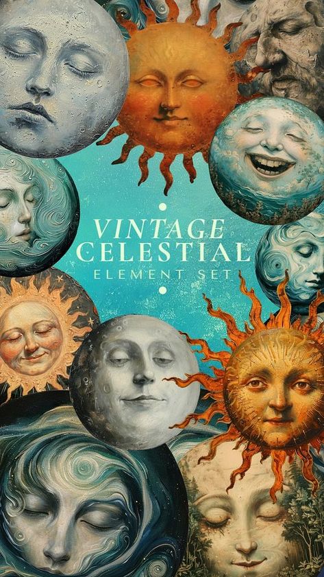 Editable vintage celestial design element set | premium image by rawpixel.com / Fluke Vintage Celestial Art, Astrology Vintage, Vintage Astrology, Vintage Celestial, Celestial Design, Sun Illustration, Set Ideas, Celestial Art, Awesome Designs