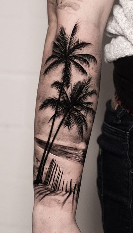 125 Unique Palm Tree Tattoos You'll Need to See - Tattoo Me Now Palm Tree Tattoos Men, Realistic Palm Tree Tattoo, Men Palm Tree Tattoo, Palm Tree Hand Tattoo, Palm Tree Leg Tattoo, Tropical Tattoo For Men, Palm Trees Tattoos, Palm Tree Sleeve Tattoo, Florida Tattoo Ideas For Men