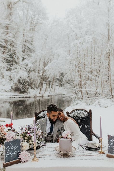 Purple Winter Tablescape | Magical Snow-Covered Elopement Inspiration in Bellevue, WA Winter Wedding Reception, Winter Wedding Planning, Bellevue Washington, Snow Wedding, Pronovias Wedding Dress, Winter Elopement, Winter Wedding Inspiration, Elopement Ceremony, Winter Wonderland Wedding