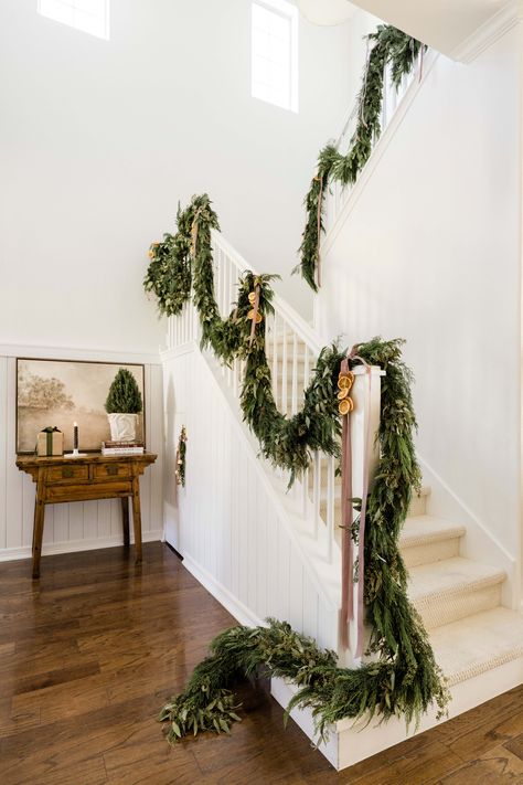 The Holiday Homes that are Inspiring my Christmas Decor this Year - Making it in the Mountains Olive Christmas Decor, Rust Christmas Decor, Olive Branch Garland, Garland Wreaths, Branch Garland, Fresh Garland, Moody Palette, Staircase Decor Ideas, Christmas Staircase Decor