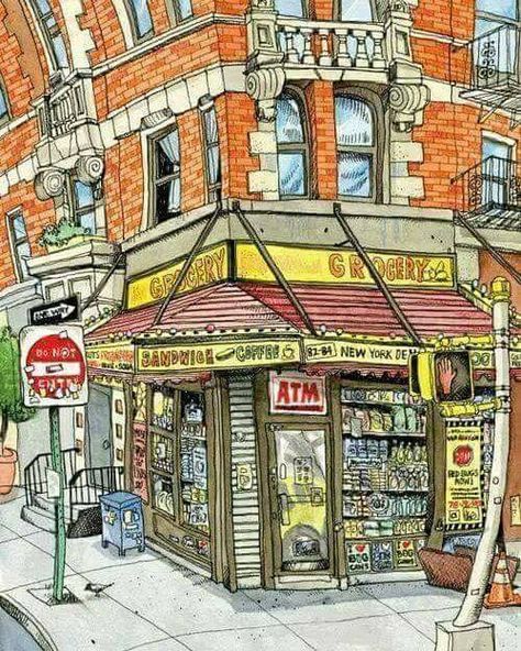 Typical NY bodega corner Urbane Kunst, Building Illustration, 카페 인테리어 디자인, Bd Comics, Urban Sketchers, House Drawing, Sketchbook Inspiration, Urban Sketching, Arte Animal