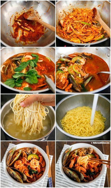 Jjampong Recipe, Korean Noodle Dishes, Koreansk Mad, Chinese Noodle Dishes, Spicy Seafood, Korean Soup, Pho Soup, Korean Kitchen, Asian Noodle