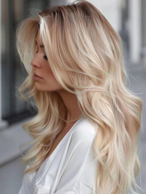 Italian Blonde Hair, Blonde Hair Inspiration Mid Length, Blonde Hair Color Ideas Cool Tones, Blonde Layered Hair With Curtain Bangs, Blonde Hair Color Ideas For Summer Highlights, Blonde Hair With Depth, Blonde Hair Volume, Lived In Bright Blonde, Bright Dimensional Blonde