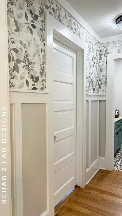 We made over this hallway by installing some board and batten, applying a fresh coat of paint and applying peel and stick wallpaper. You can check out the whole process and get all the deets over on my YouTube channel and website.   • Rehab2FabDesigns.com Hallway Board And Batten, Board And Batten Hallway, Hallway Remodel, Hallway Makeover, Narrow Hallway Decorating, Board And Batten Wall, Accent Walls In Living Room, Diy And Home Improvement, Board And Batten