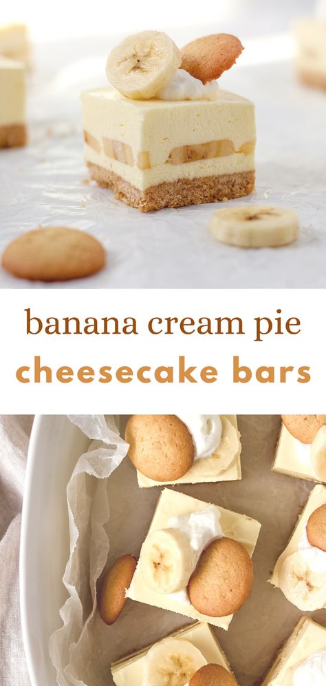 Creamy Banana Pudding Cheesecake, Bannan A Pudding Cheesecake, Banana Pudding Bars Recipe, Banana Pudding Squares, Mini Banana Pudding Cheesecake, Banana Cream Pie Cheesecake, Banana Cheesecake Bars, Banana Pudding Cheesecake Squares, Banana Cream Cheesecake Bars