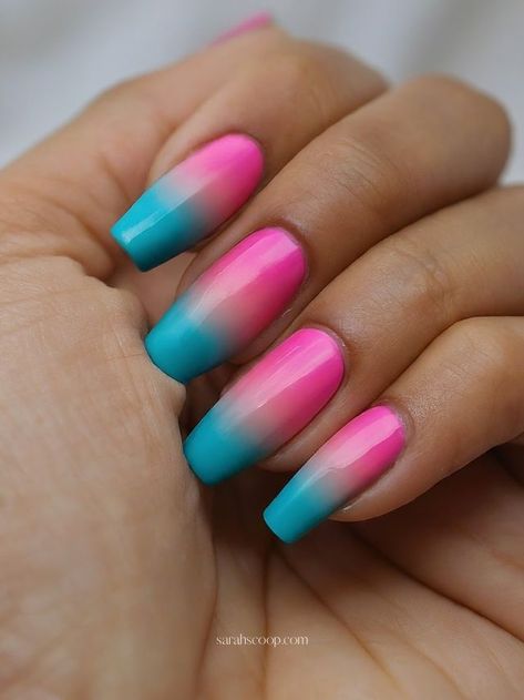 Turquoise Ombre Nails, Teal French Tip Nails, French Tip Nails Design, Nails Pink And Blue, Turquoise Nail Designs, 80s Nails, Hot Pink And Turquoise, Teal Nail Designs, Rochelle Goyle