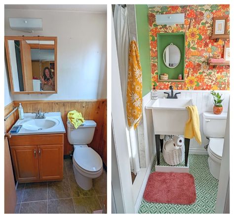 Tiny Bathroom Makeover before and after Tiny Basement Bathroom, Colorful Small Bathroom, Funky Bathroom Ideas, Eclectic Bathroom Decor, Teak Shower Floor, Tiny Basement, Tiny Bathroom Makeover, Funky Bathroom, Rental Bathroom