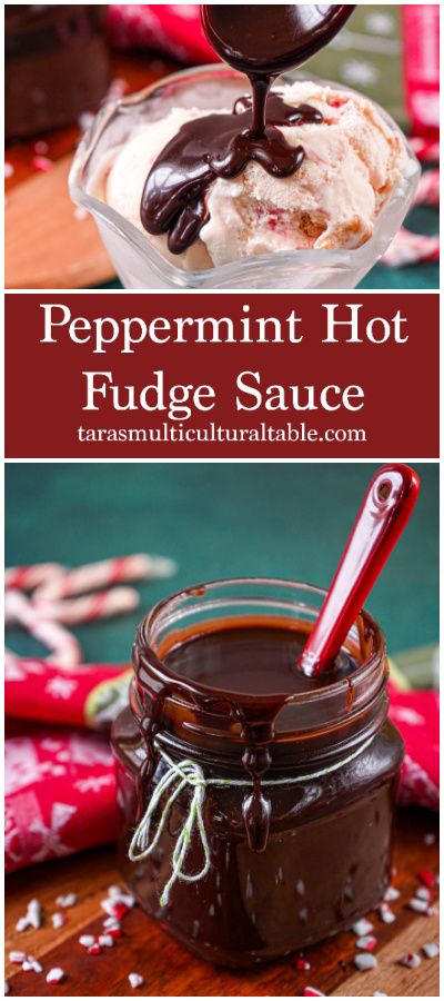 A recipe for Peppermint Hot Fudge Sauce- Tara's Multicultural Table- This decadent chocolate sauce is flavored with peppermint extract for a festive addition to ice cream and other desserts. Peppermint Sauce, Chocolate Ice Cream Topping, Hot Fudge Sauce Recipe, Homemade Peppermint Bark, Peppermint Fudge, Peppermint Extract, Hot Fudge Sauce, Advent Christmas, Types Of Desserts