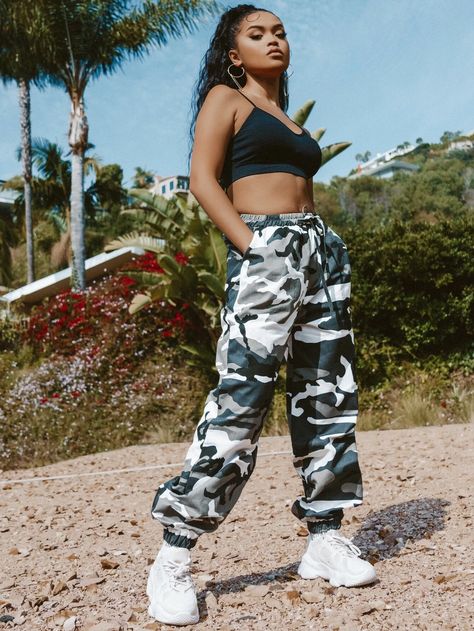 Camo Print High-Rise Drawstring Joggers | SHEIN USA Cargo Pants Outfit Baddie, Army Pants Outfit, Camo Cargo Pants Outfit, Cute Cargo Pants, Shein Items, Camo Pants Outfit, Formal Chic, Army Print, Army Pants