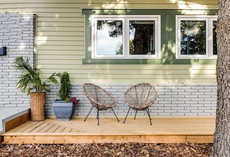 Front of house low platform deck Adding Deck To Front Of House, Small House Front Deck Ideas, Wood Deck Porch Ideas, Small Deck Front Of House, Low Deck Front Of House, Platform Deck Front Porch, Small Front Porch Deck, Front Wood Deck, Simple Front Deck