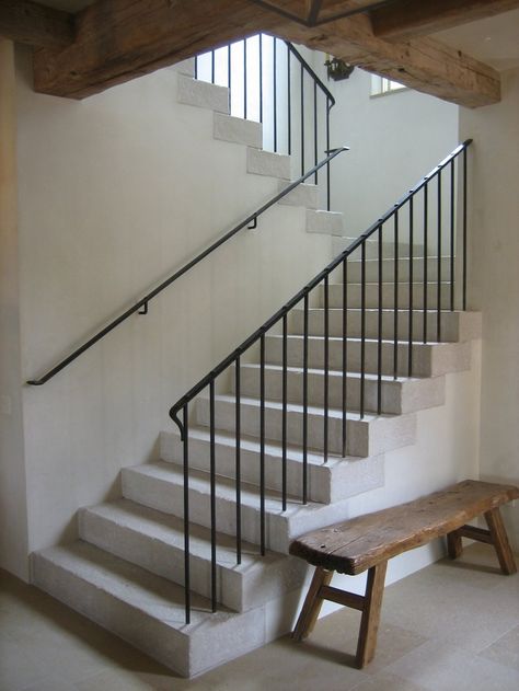 Balustrade: The collection of rails and posts with a rail along the top that forms the waist height wall to the sides of stairs or to a terrace or balcony. Farmhouse Staircase Decor, Farmhouse Staircase, Metal Stair Railing, Wrought Iron Stair Railing, White Stairs, Iron Stair Railing, Wrought Iron Stairs, Stair Railing Design, Metal Stairs