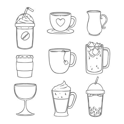 Hand Drawn Doodle Drink Cup Collection Commercial Use - Etsy Vintage Tea Cup Illustration, How To Draw Drinks Digital, Iced Coffee Doodle, Teacup Drawing, Drink Drawing, Coffee Mug Drawing, Tea Cup Drawing, House Doodle, Planning Notebook