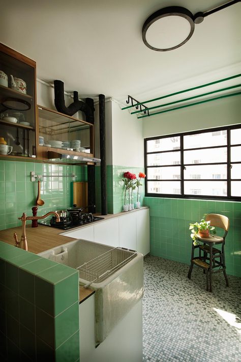 Green Tiled Kitchen, Scandi Interior Design, Tiled Kitchen, Scandi Interior, Scandi Interiors, Renovation Budget, Coastal Interiors Design, Affordable Interior Design, Flat Interior