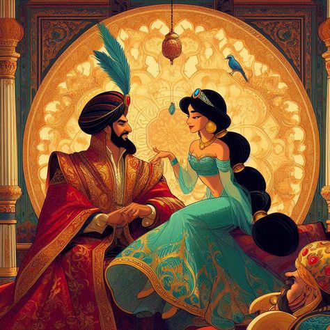 Jafar Aladdin Fanart, Jasmine X Jafar, Jafar And Jasmine, Jafar Jasmine, Disney Girl Characters, Jafar Aladdin, Retro Music Art, Dark Disney, Disney Crossovers