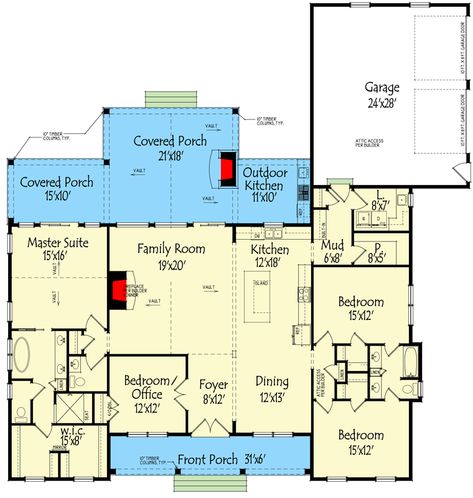 3-Bed Modern Farmhouse Plan Under 2500 Square Feet - 800000GDP | Architectural Designs - House Plans Vaulted Ceiling Porch, Kitchen Floor Plan, Silo House, Moore House, Board And Batten Siding, Bed Modern, Farmhouse Plan, Gourmet Kitchen, Kitchen Features