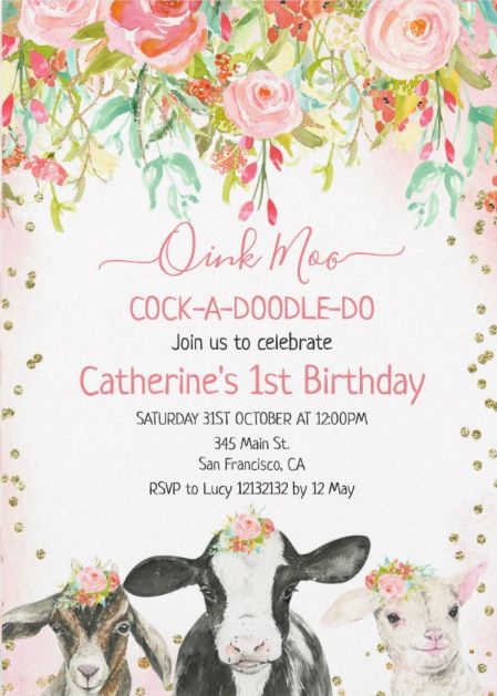 Rustic Farm Birthday Party, Oink Moo Cockadoodle Doo Birthday, Girl Farm Birthday Party, Lamb Baby Shower Invitations, Farm Birthday Party Invitations, Girls Farm Birthday, Baby Lamb Baby Shower, Farm Birthday Invitation, Floral Birthday Invitations