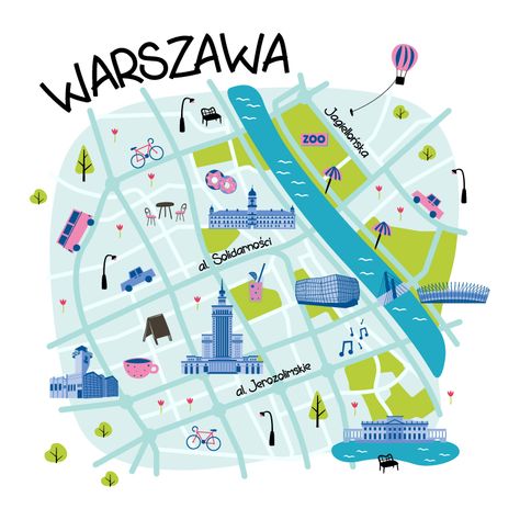 Warsaw Map, City Maps Illustration, Poland Map, Warsaw City, Walking Map, Poland Travel, Journey Mapping, Tourist Map, Banner Images