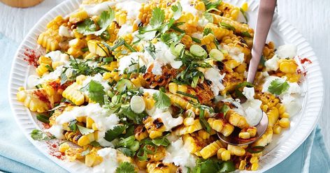 Complete your feast with Curtis Stone's charred corn salad topped with a creamy lime dressing, paprika, spring onions and fresh coriander. Xmas Vegetables, Healthy Food Hacks, Charred Corn Salad, Australia Recipes, Christmas Menus, Xmas Menu, Roasted Potato Salads, Christmas Salad Recipes, Holiday Hacks