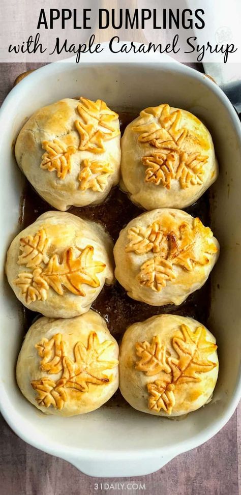 Tender, sweet, and mouth-wateringly delicious! Incredibly easy with store bought pastry, and special enough for all your fall entertaining! Apple Dumplings with Maple Caramel Syrup | 31Daily.com Apple Turnover, Maple Caramel, Apple Dumpling, Fall Deserts, Fall Eats, 31 Daily, Autumn Food, Saffron Threads, Easy Sweets